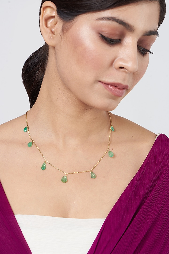 Gold Plated Green Stone Necklace In Sterling Silver by OSVAG INDIA