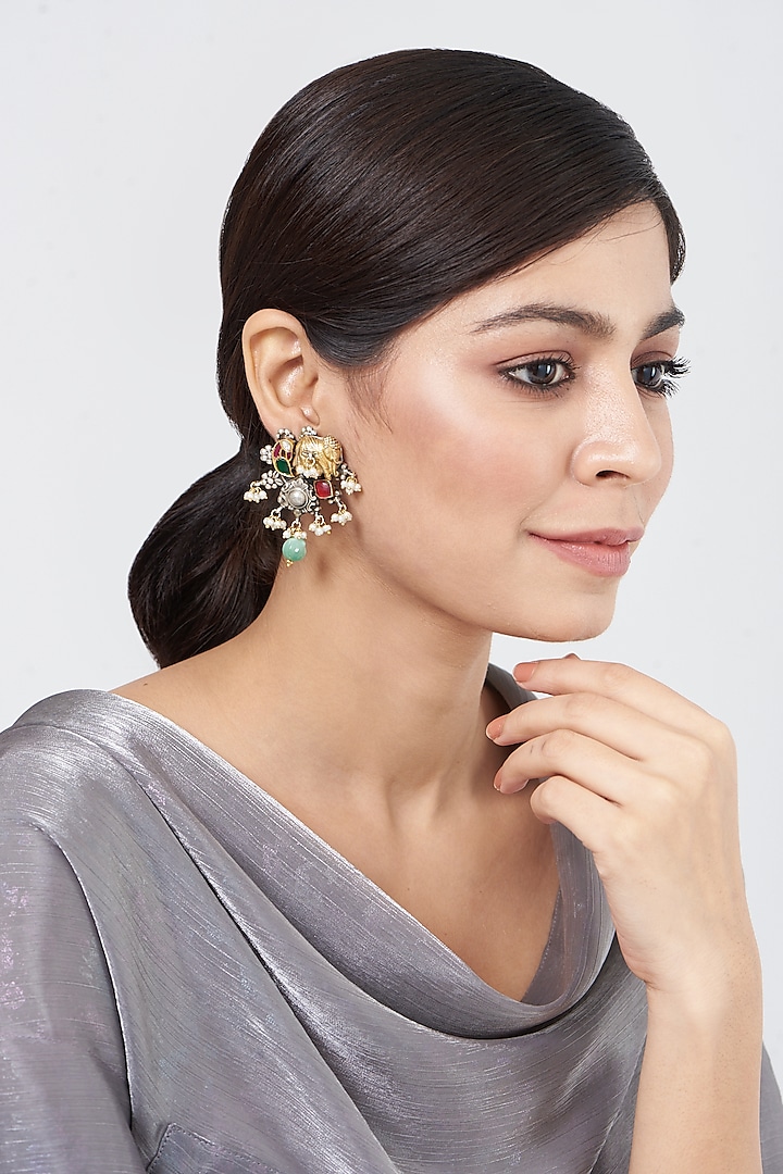 Gold Plated Turquoise Stone Dangler Earrings In Sterling Silver by OSVAG INDIA
