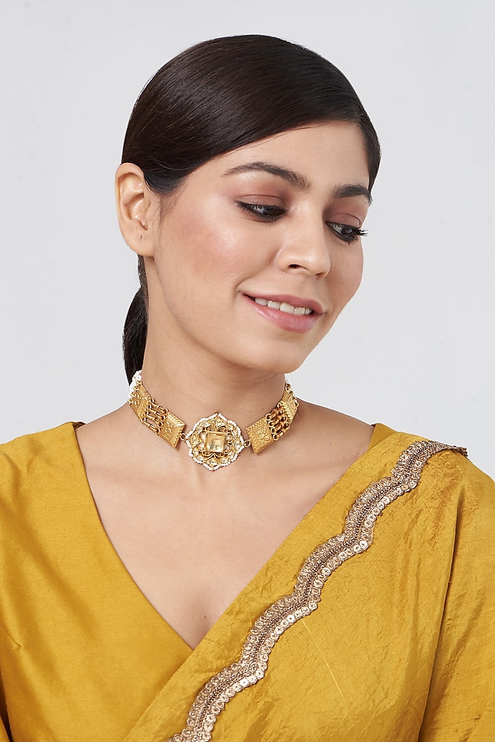 Gold Plated Choker Necklace With Kundan Polki In Sterling Silver by OSVAG INDIA