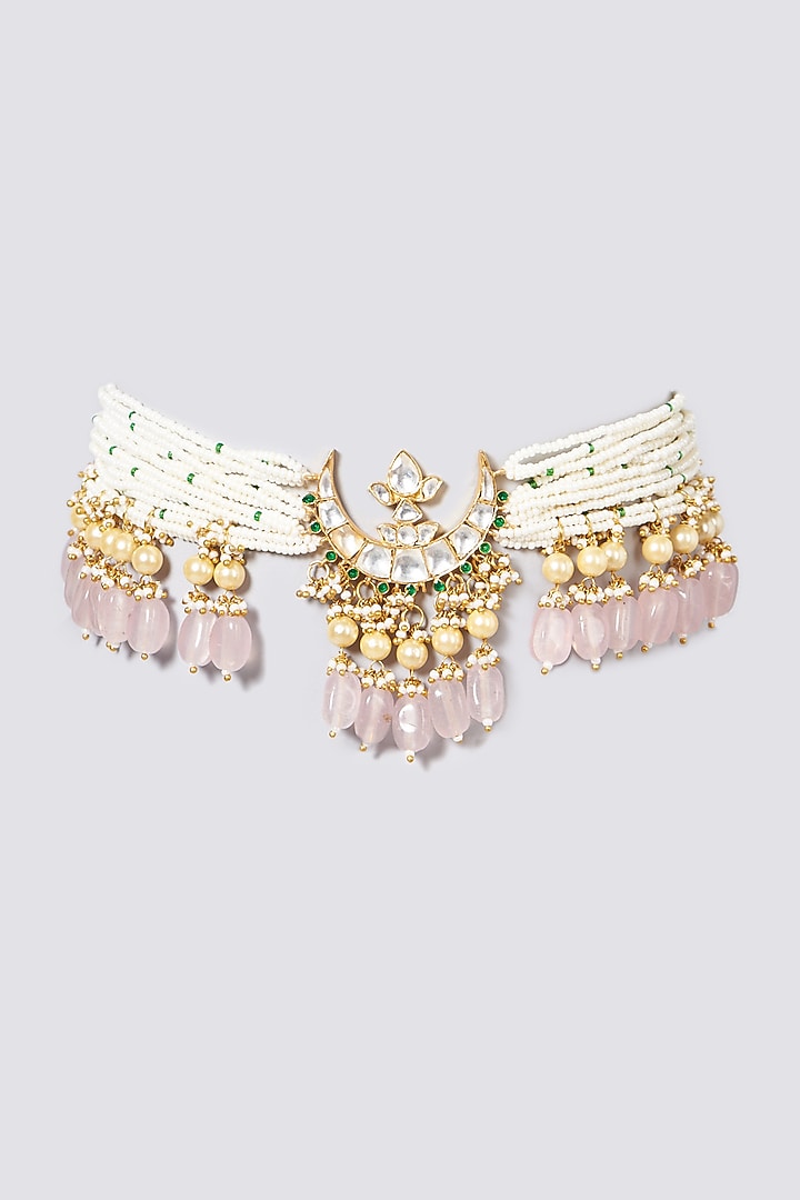 Gold Plated Kundan Polki Choker Necklace In Sterling Silver by OSVAG INDIA at Pernia's Pop Up Shop