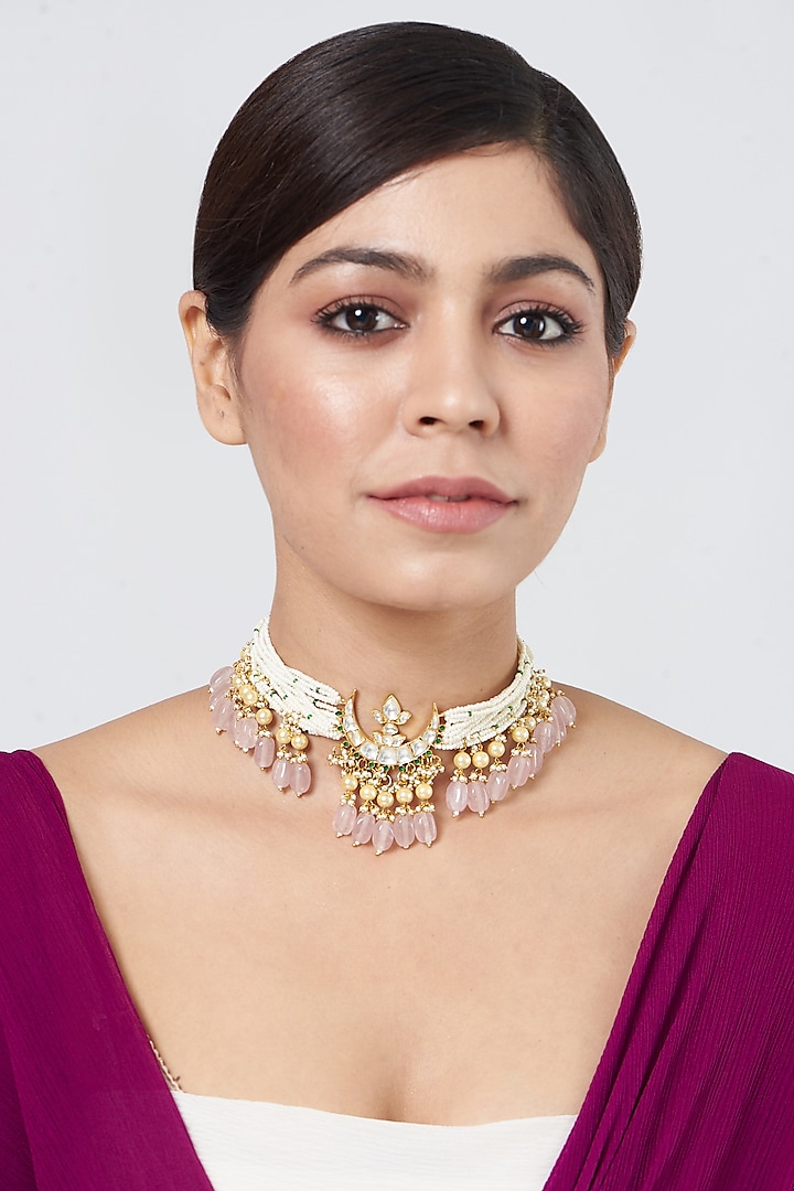 Gold Plated Kundan Polki Choker Necklace In Sterling Silver by OSVAG INDIA