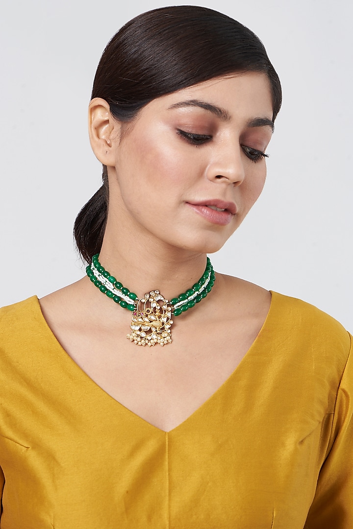 Gold Plated Kundan Polki Necklace In Sterling Silver by OSVAG INDIA