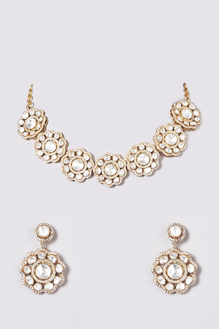 Gold Plated Kundan Polki Necklace Set In Sterling Silver by OSVAG INDIA at Pernia's Pop Up Shop