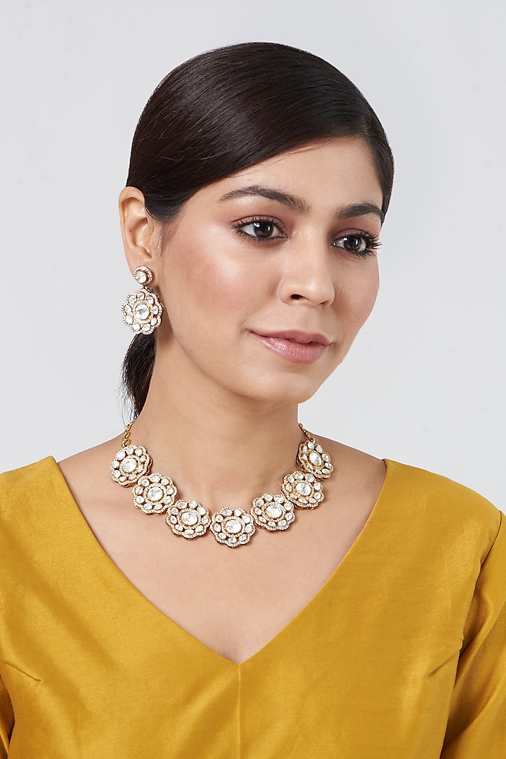 Gold Plated Kundan Polki Necklace Set In Sterling Silver by OSVAG INDIA