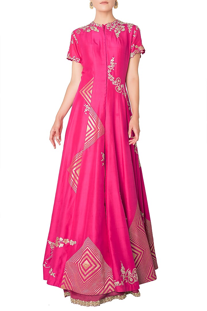 Fuschia pink embroidered anarkali jacket with lehenga skirt available only at Pernia's Pop Up Shop.