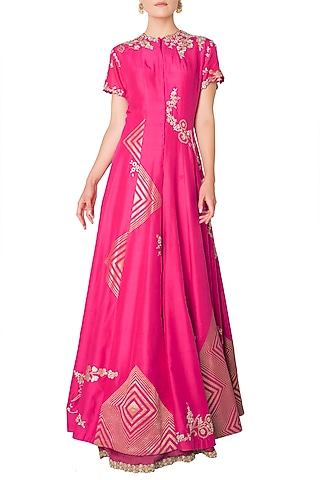 Fuschia Pink Embroidered Anarkali Jacket Lehenga Set by OSAA By Adarsh