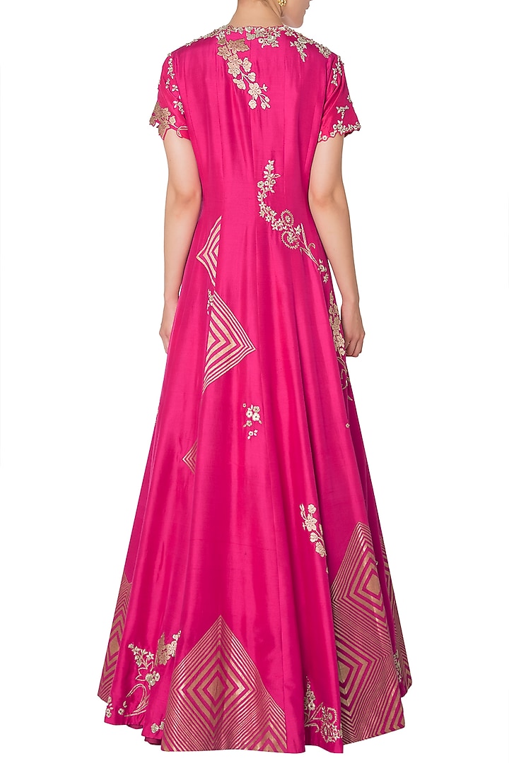 Fuschia pink embroidered anarkali jacket with lehenga skirt available only at Pernia's Pop Up Shop.