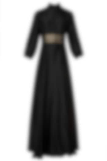 Black Pleated Gown with Woven Embroidered Belt by OSAA By Adarsh