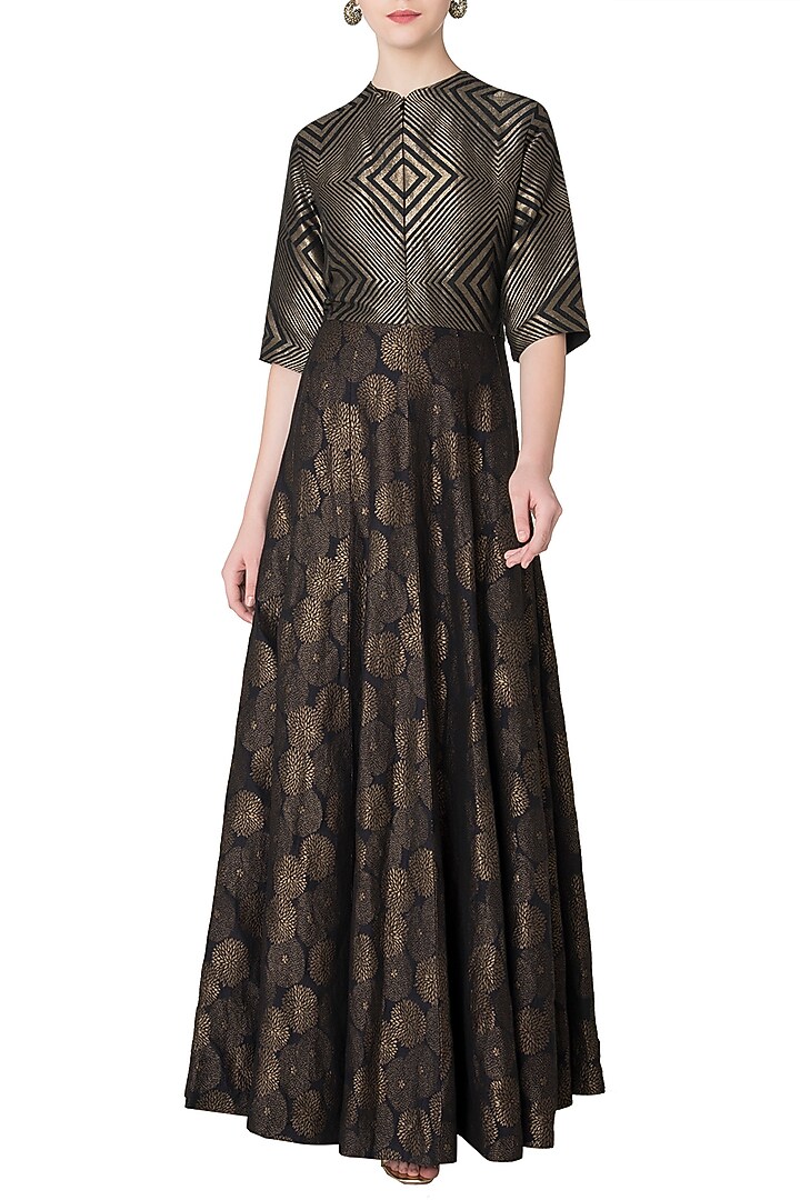 Black handloom woven anarkali gown available only at Pernia's Pop Up Shop.