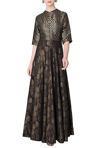 Black Handloom Woven Anarkali Gown by OSAA By Adarsh