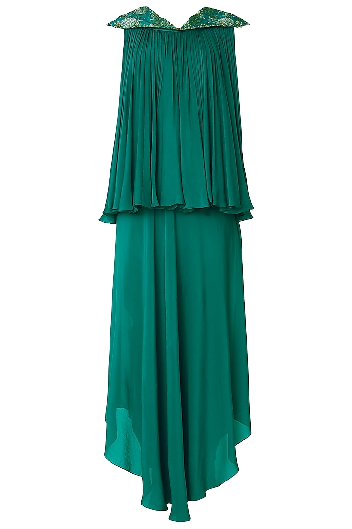 Emerald Green Pleated Embroidered Top with Drape Asymmetrical Skirt by OSAA By Adarsh