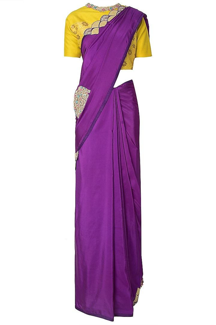Purple Applique Work Tassels Saree and Mustard Embroidered Blouse by OSAA By Adarsh