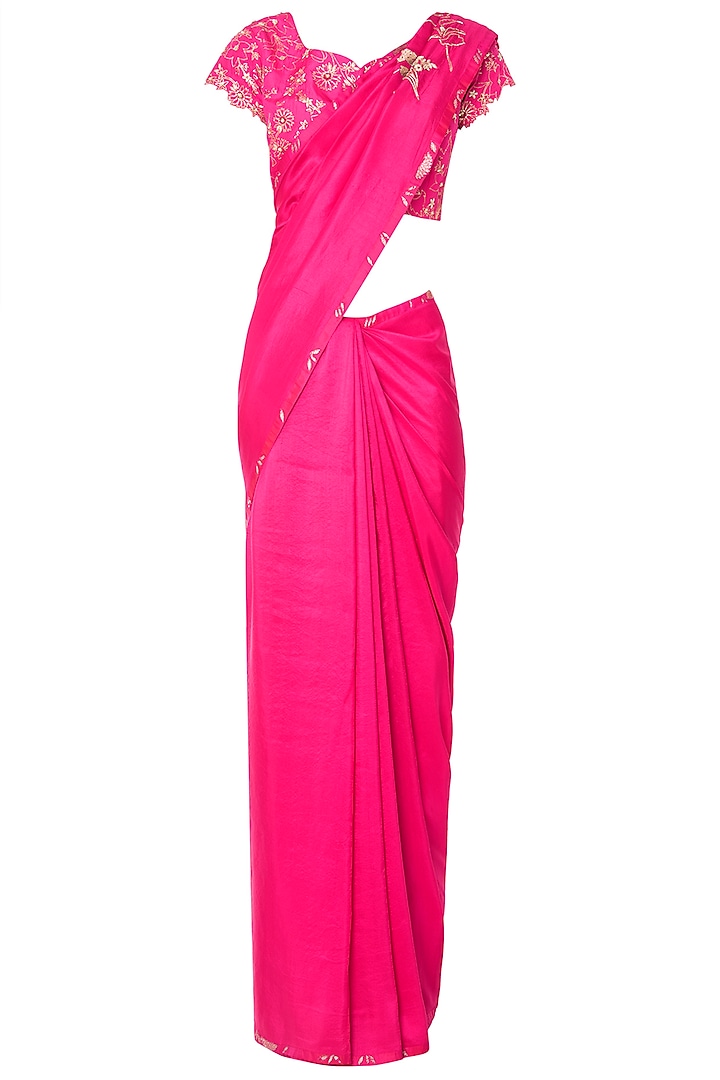 Hot Pink Embroidered Saree with Embroidered Blouse by OSAA By Adarsh