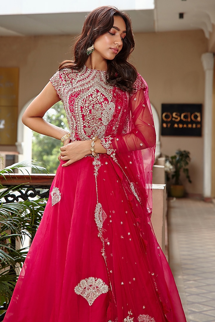 Scarlet Organza Embroidered Wedding Lehenga Set by Osaa By Adarsh at Pernia's Pop Up Shop