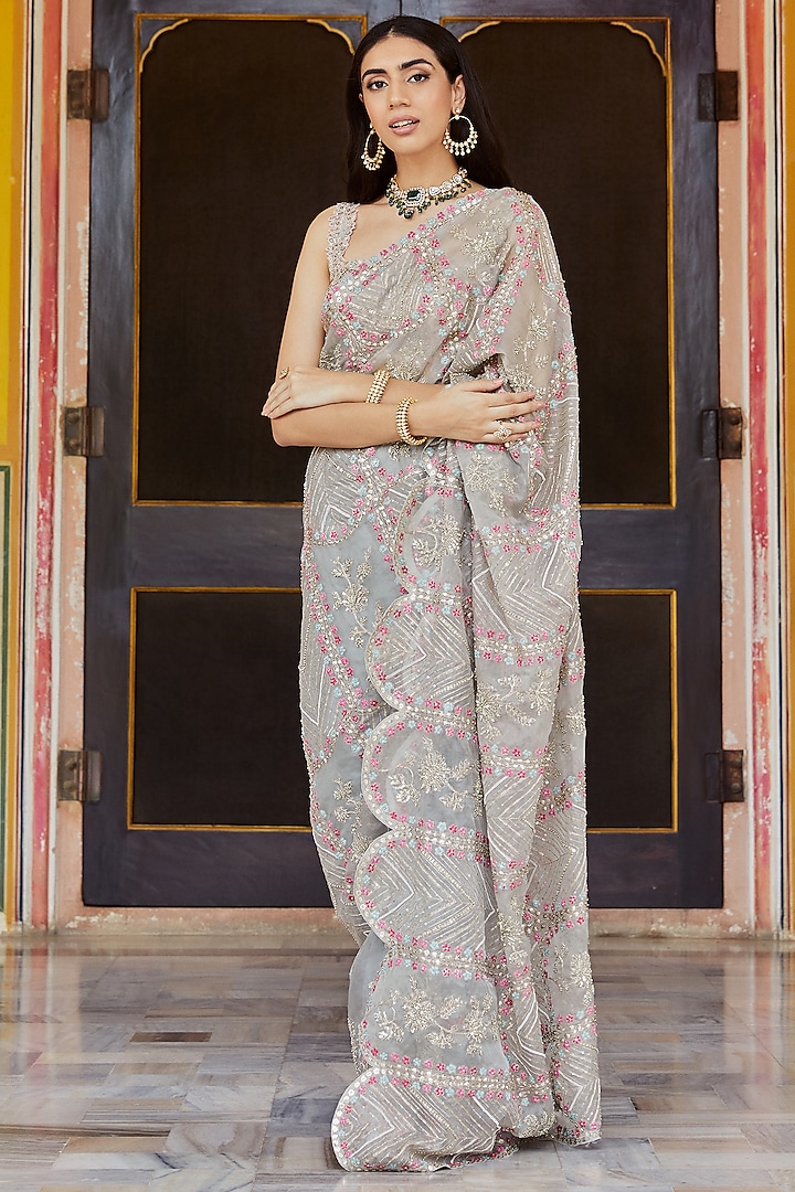 Dove Grey Optical Embroidered Saree Set by Osaa By Adarsh