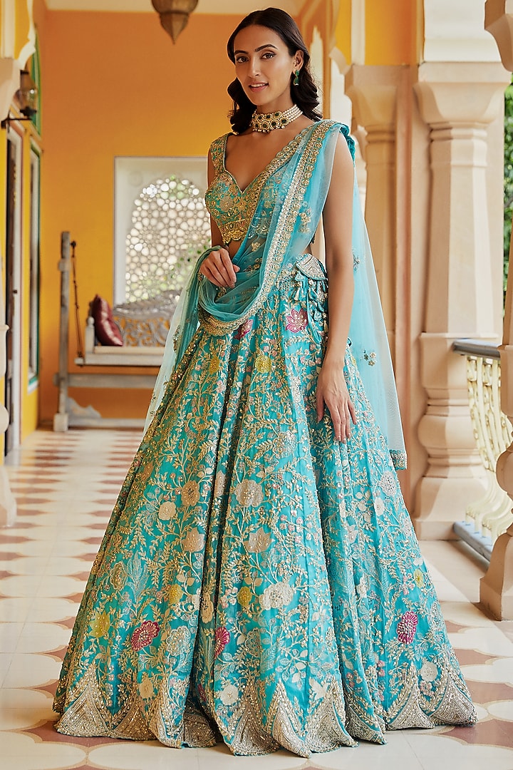 Firozi Embroidered Bridal Lehenga Set By Osaa By Adarsh At Pernia's Pop 