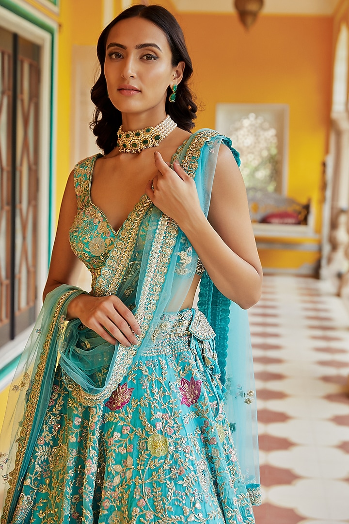 Firozi Embroidered Bridal Lehenga Set by Osaa By Adarsh at Pernia's Pop Up Shop