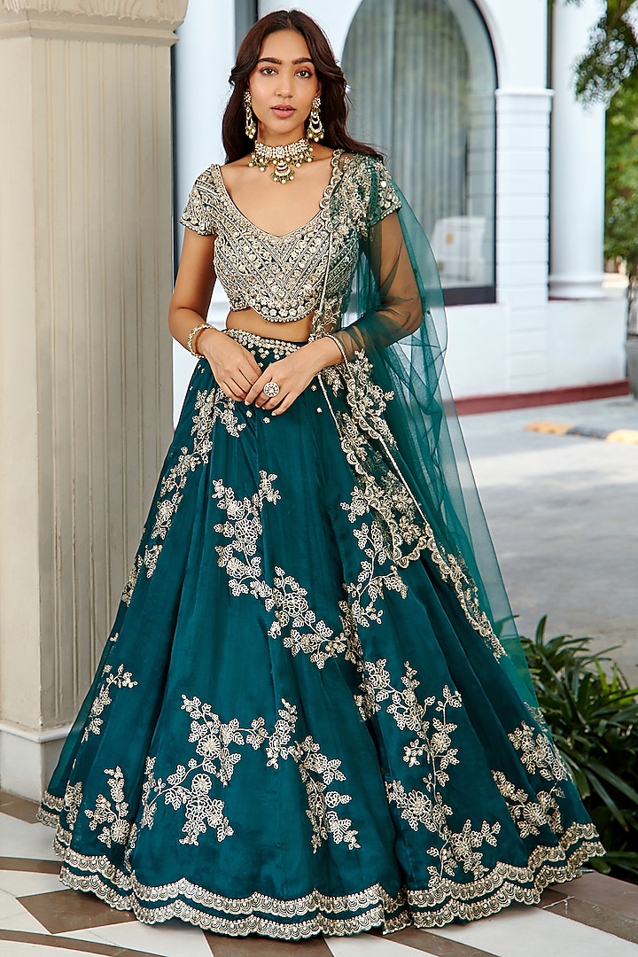 Dark Green Organza Embroidered Lehenga Set by Osaa By Adarsh