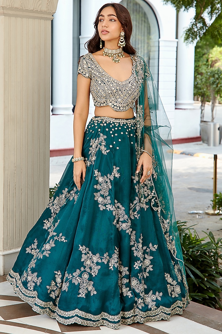 Dark Green Organza Embroidered Wedding Lehenga Set by Osaa By Adarsh at Pernia's Pop Up Shop