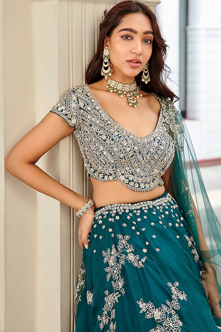 Dark Green Organza Embroidered Wedding Lehenga Set by Osaa By Adarsh at Pernia's Pop Up Shop