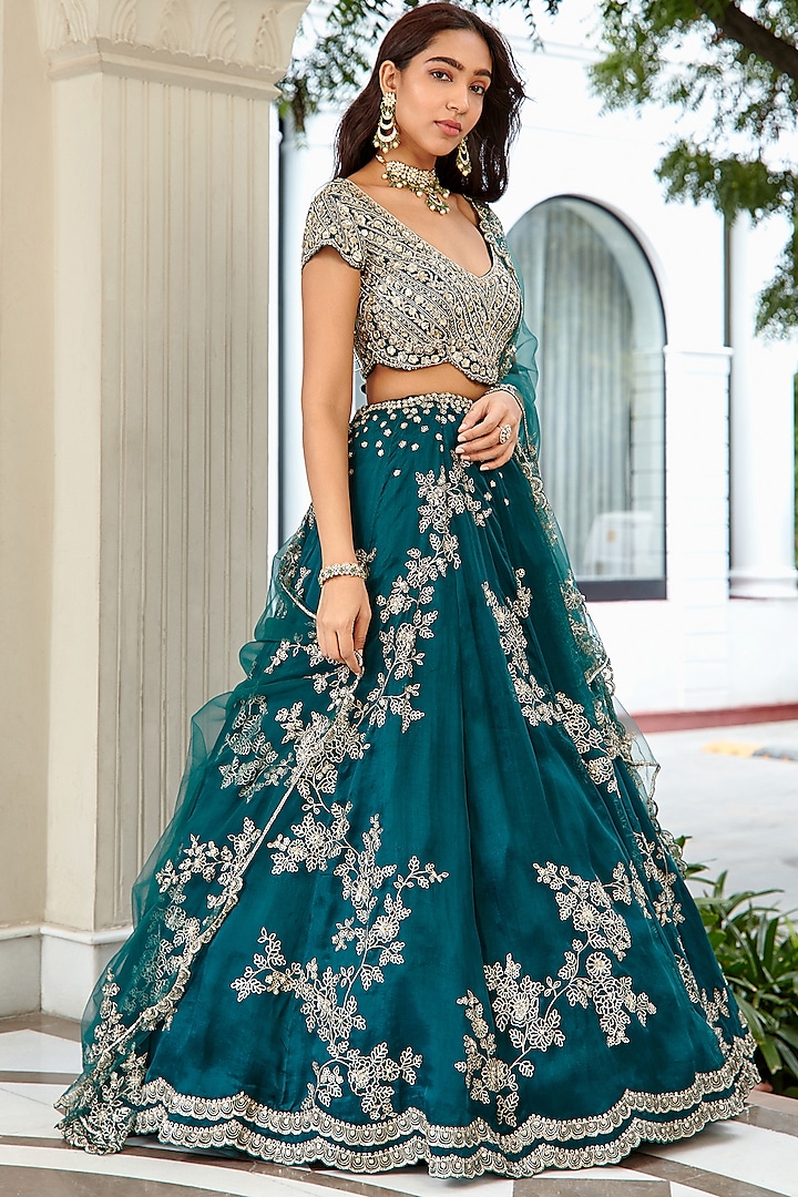Dark Green Organza Embroidered Wedding Lehenga Set by Osaa By Adarsh at Pernia's Pop Up Shop