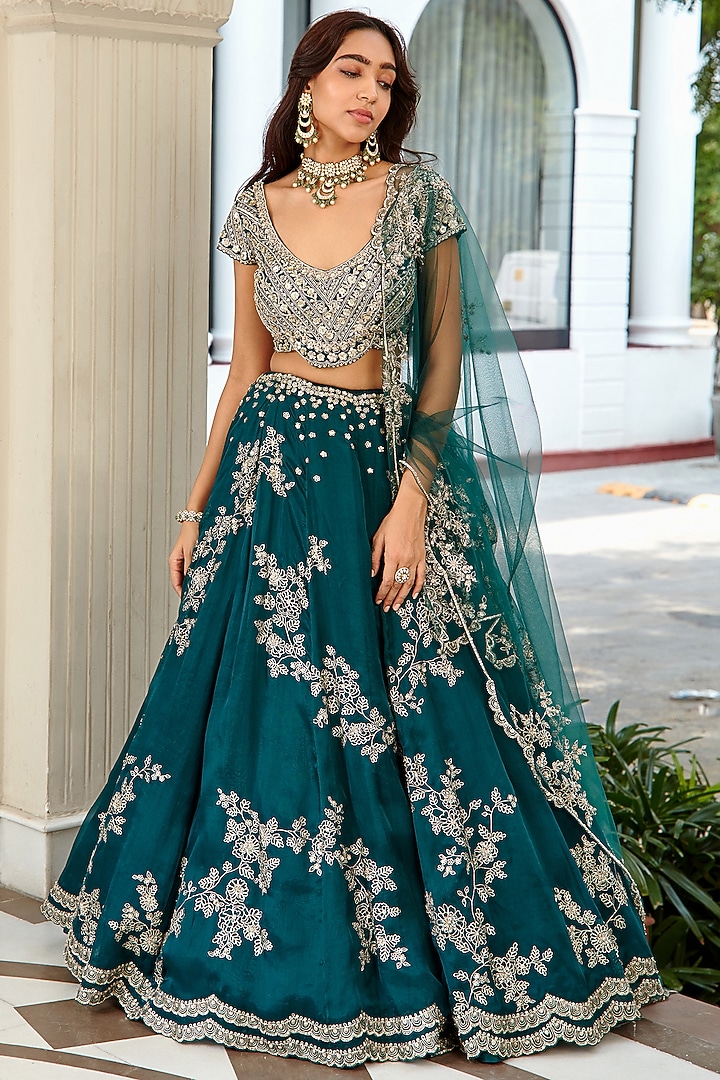 Dark Green Organza Embroidered Wedding Lehenga Set by Osaa By Adarsh at Pernia's Pop Up Shop