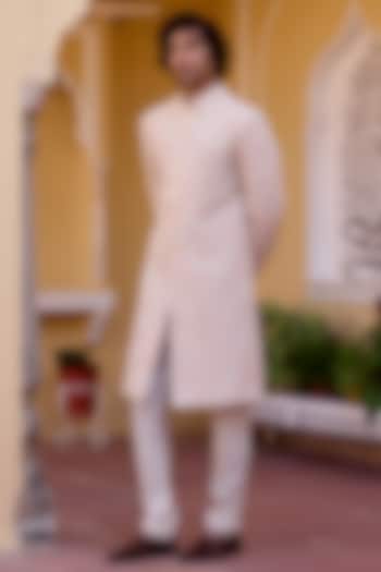 Cashmere Tan Mulberry Silk Aari Embroidered Sherwani Set by OSAA By Adarsh Men