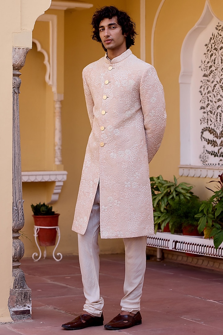 Cashmere Tan Mulberry Silk Aari Embroidered Sherwani Set by OSAA By Adarsh Men