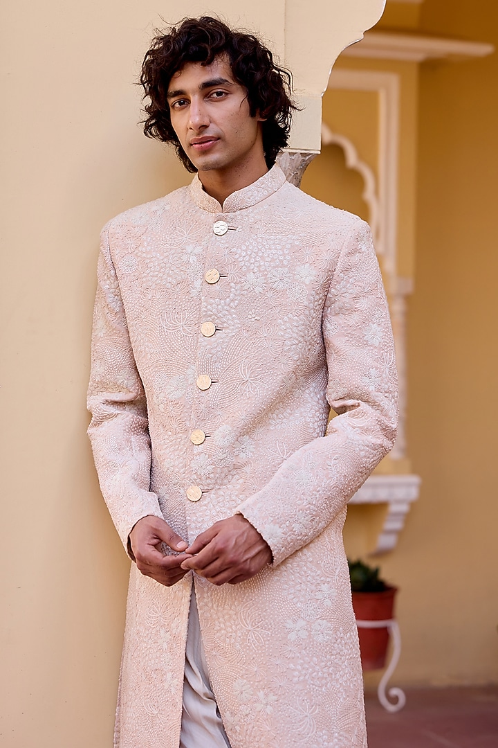 Cashmere Tan Mulberry Silk Aari Embroidered Groom Sherwani Set by OSAA By Adarsh Men at Pernia's Pop Up Shop