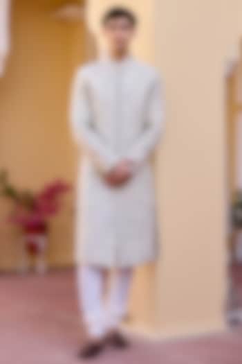Celery Ice-Colored Mulberry Silk Aari Embroidered Sherwani Set by OSAA By Adarsh Men