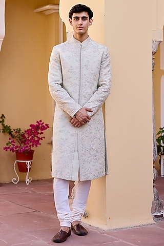 Celery Ice-Colored Mulberry Silk Aari Embroidered Sherwani Set by OSAA By Adarsh Men