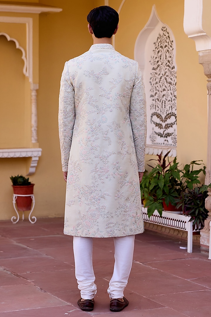 Celery Ice-Colored Mulberry Silk Aari Embroidered Groom Sherwani Set by OSAA By Adarsh Men at Pernia's Pop Up Shop