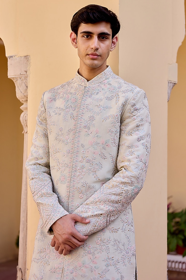 Celery Ice-Colored Mulberry Silk Aari Embroidered Groom Sherwani Set by OSAA By Adarsh Men at Pernia's Pop Up Shop