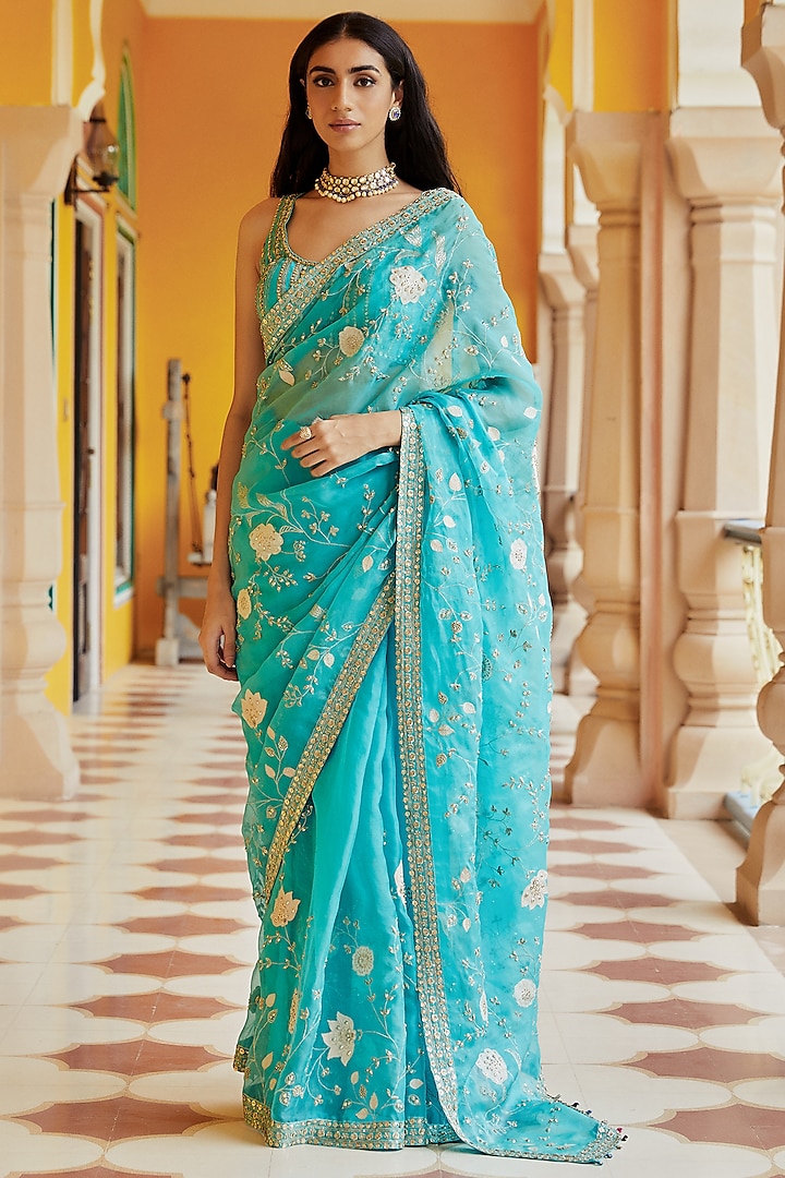 Ferozi Floral Embroidered Saree Set by Osaa By Adarsh