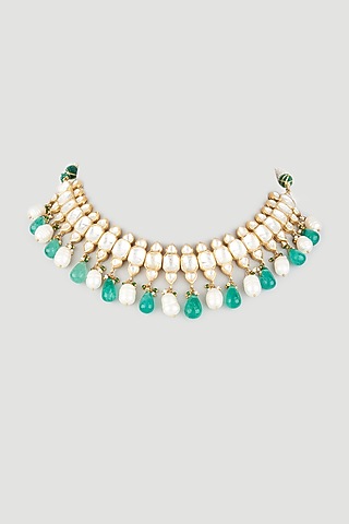 Gold Finish Semi Precious Polki Necklace In Sterling Silver by OSVAG INDIA