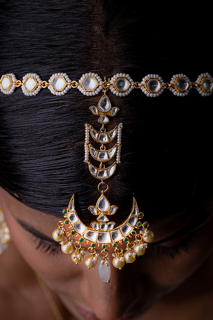 Gold Plated Kundan Polki Matha Patti In Sterling Silver by OSVAG INDIA at Pernia's Pop Up Shop