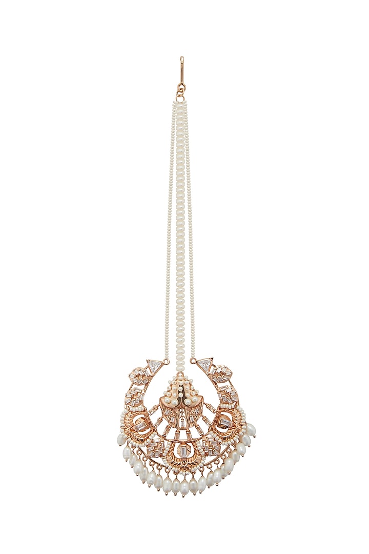 Rose Gold Finish Cubic Zirconia Maang Tikka by Outhouse