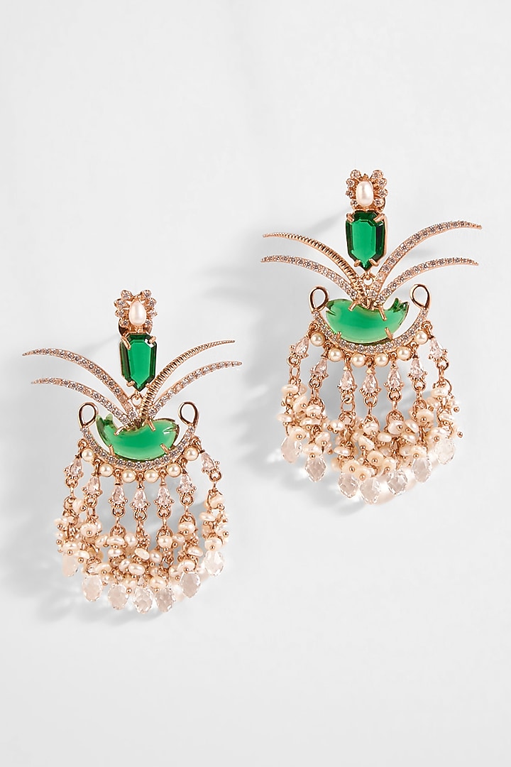 Rose Gold Plated Jade Green Crystal Le Palm Fish Earrings by Outhouse at Pernia's Pop Up Shop