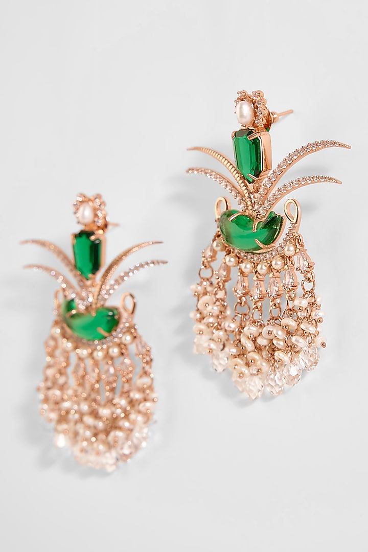 Rose Gold Plated Jade Green Crystal Le Palm Fish Earrings by Outhouse at Pernia's Pop Up Shop