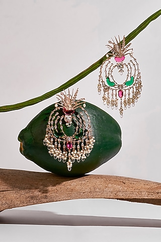 Rose Gold Plated Cubic Zircon & Cabochon Palm Le Grande Chandbali Earrings by Outhouse
