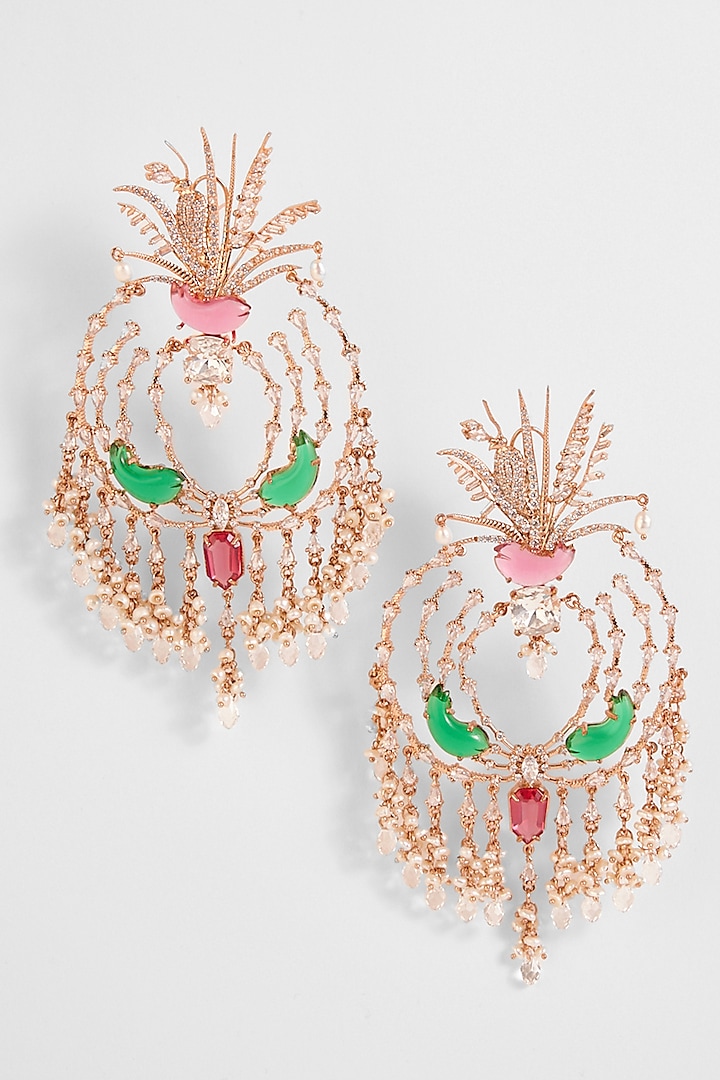 Rose Gold Plated Cubic Zircon Cabochon Palm Le Grande Chandbali Earrings  by Outhouse at Pernia's Pop Up Shop