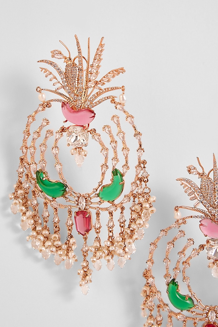 Rose Gold Plated Cubic Zircon & Cabochon Palm Le Grande Chandbali Earrings by Outhouse at Pernia's Pop Up Shop