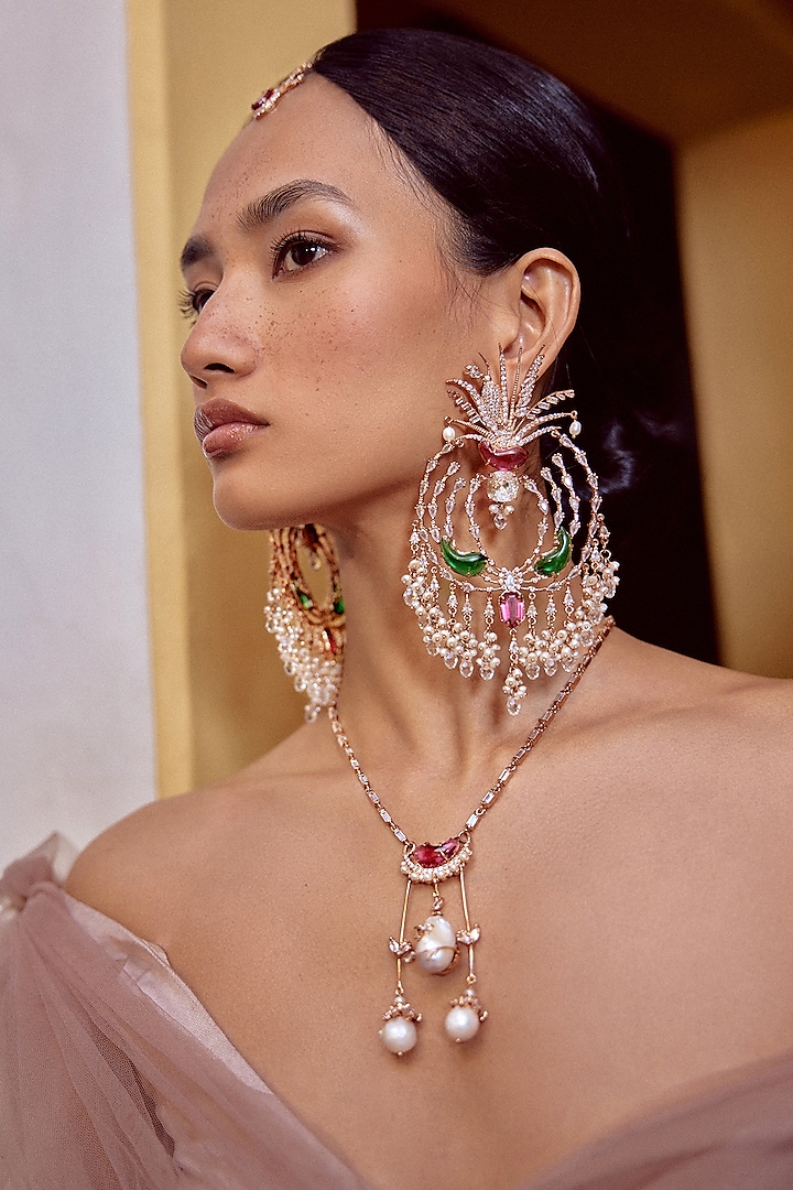 Rose Gold Plated Cubic Zircon & Cabochon Palm Le Grande Chandbali Earrings by Outhouse at Pernia's Pop Up Shop