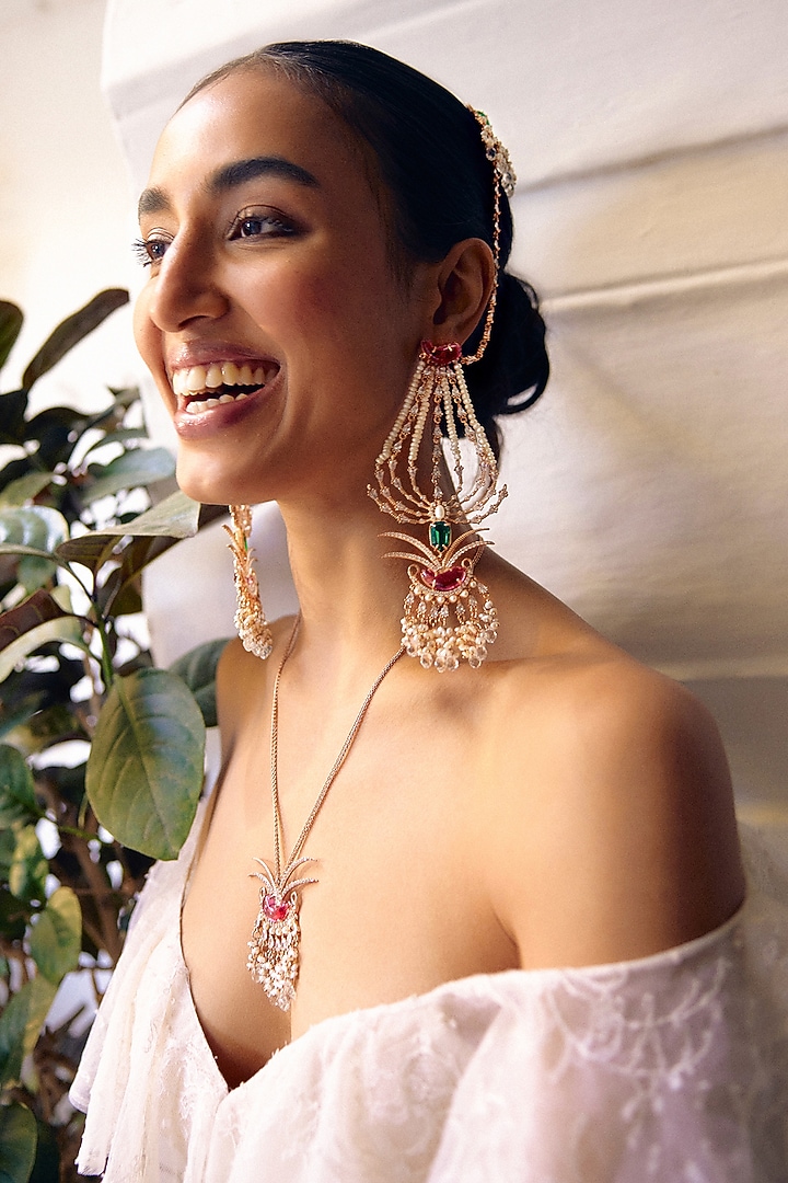 Rose Gold Plated Crystal & Cubic Zircon Palm Le Grande Sahara Dangler Earrings by Outhouse at Pernia's Pop Up Shop