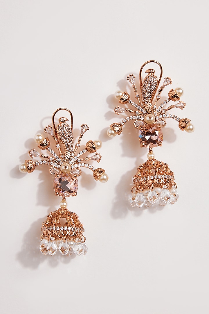 Rose Gold Plated Cubic Zircon & Pearl Majesty Jhumka Earrings by Outhouse