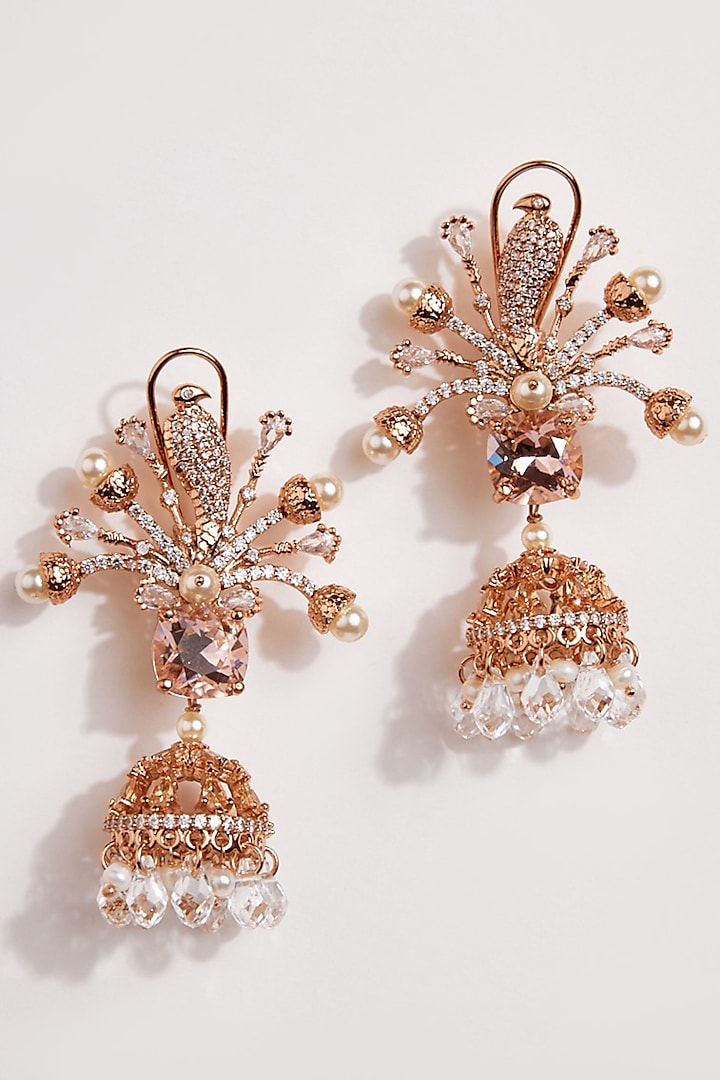 Rose Gold Plated Cubic Zircon Pearl Majesty Jhumka Earrings by