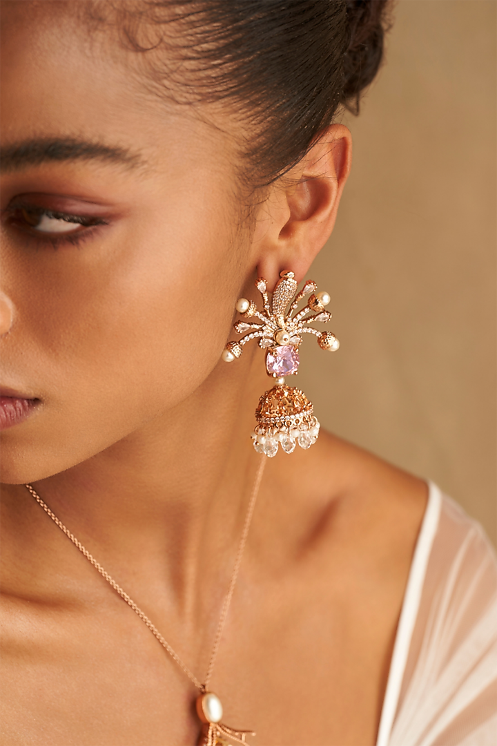 Rose Gold Plated Cubic Zircon & Pearl Majesty Jhumka Earrings by Outhouse at Pernia's Pop Up Shop