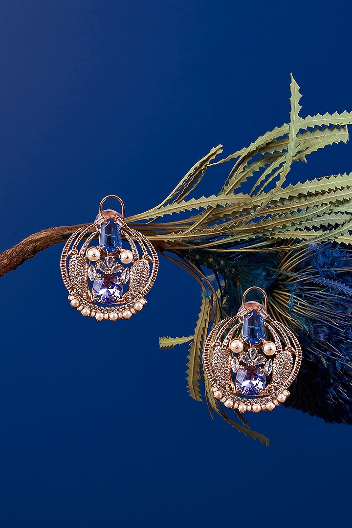 Rose Gold Plated Tanzanite Cushion Cut Crystal Le Palmetto Stud Earrings by Outhouse at Pernia's Pop Up Shop
