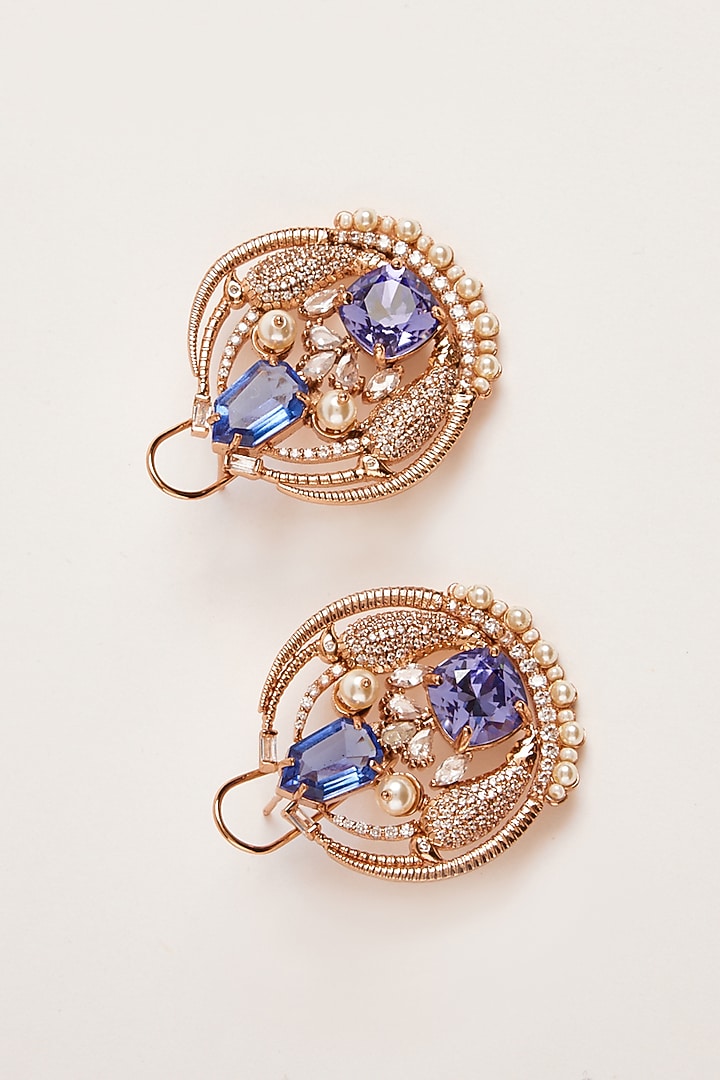 Rose Gold Plated Tanzanite Cushion Cut Crystal Le Palmetto Stud Earrings by Outhouse at Pernia's Pop Up Shop