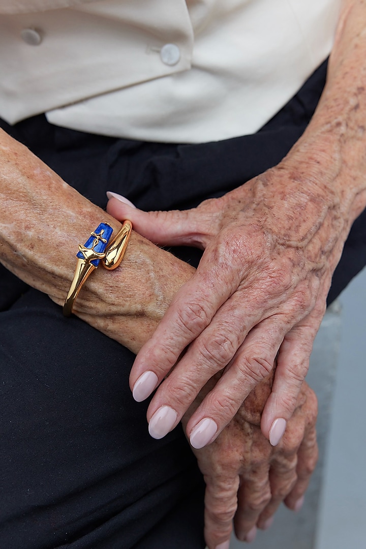 Gold Plated Shroom Motif & Lapis Lazuli Stone Handcuff by Outhouse at Pernia's Pop Up Shop